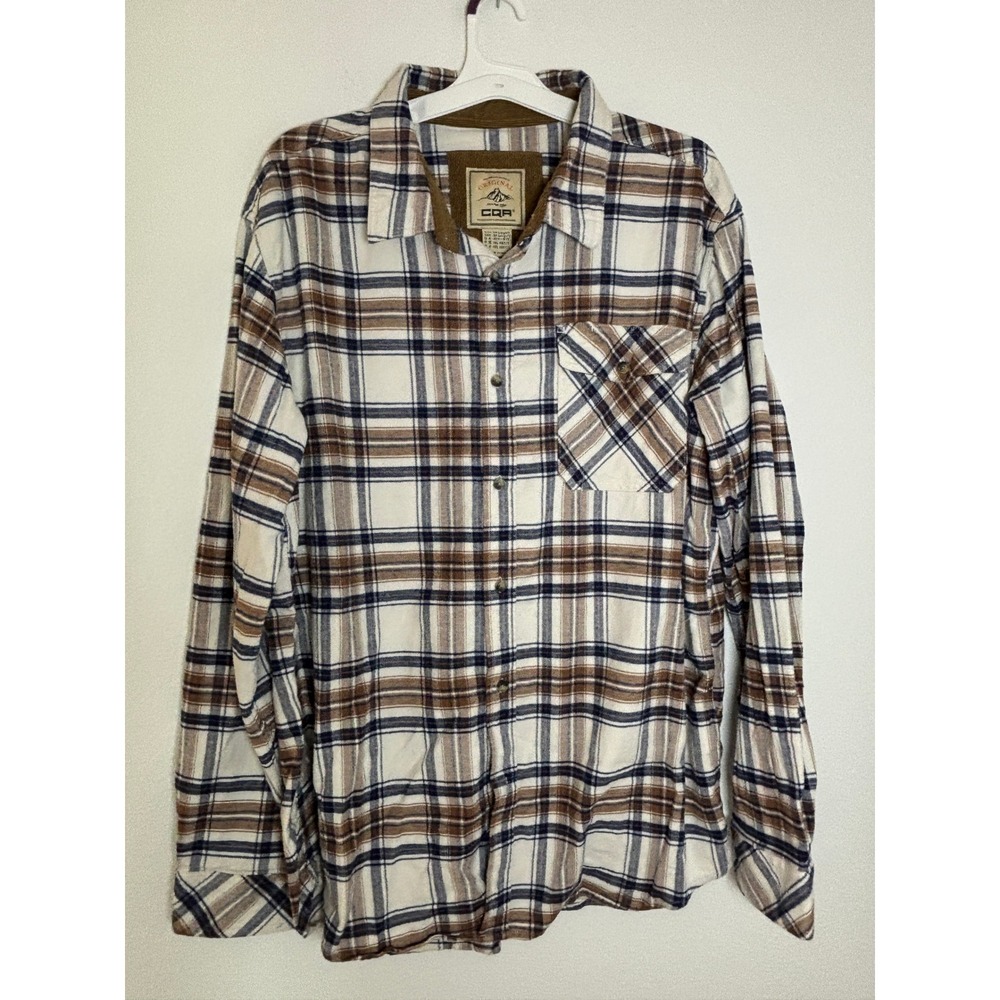 CQR Mens Plaid Flannel Shirt 2XL Tall Brown Navy Blue Cotton Button‎ Down L/S